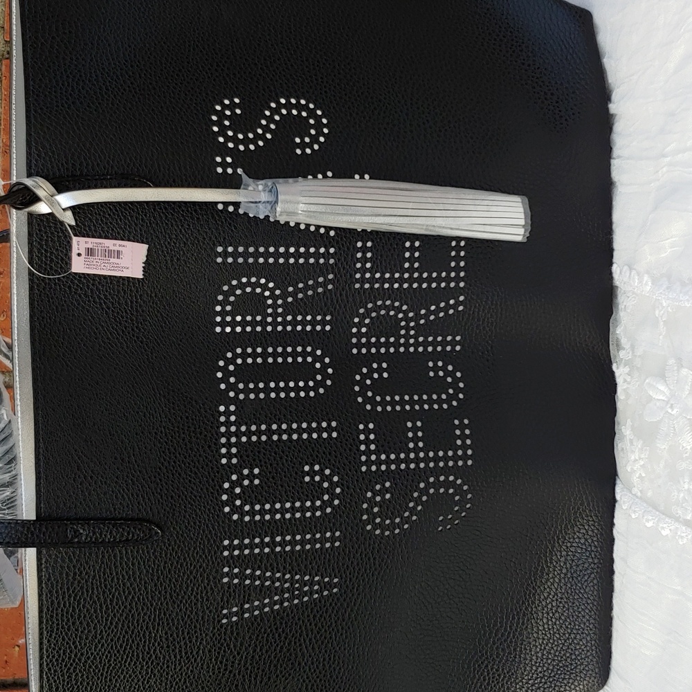 Victoria's Secret Black and Silver Synthetic Leather Tote